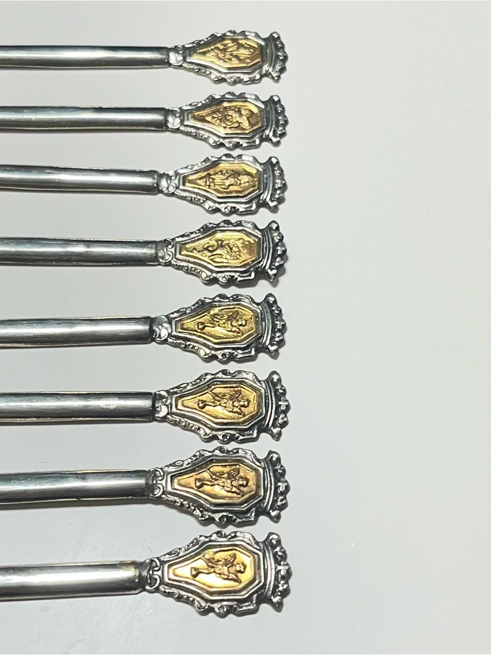 Vintage Silver and Gold-tone Cocktail Picks with Figure/Crest Inlays Set of 8